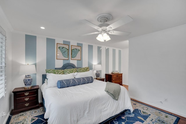 12327 Band Box Pl, Dallas, TX 75244 - bedroom featuring ornamental molding, baseboards, wood finished floors, ceiling fan, and wallpapered walls