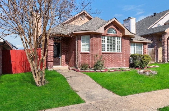2323 Weatherby Dr, Mesquite, TX 75181 - view of front of property featuring brick siding, a chimney, and a shingled roof