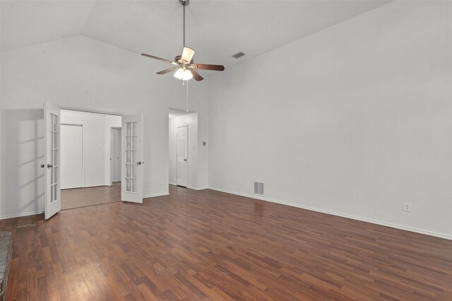 2323 Weatherby Dr, Mesquite, TX 75181 - unfurnished bedroom with french doors, wood finished floors, high vaulted ceiling, baseboards, and a ceiling fan