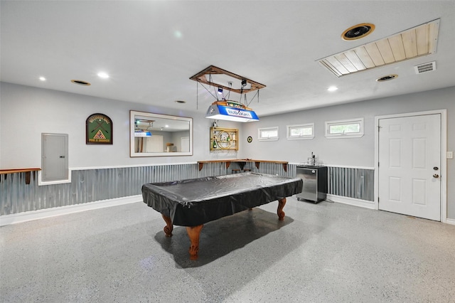1632 Pecan Park Dr, Arlington, TX 76012 - playroom with recessed lighting, speckled floor, electric panel, billiards, and a wainscoted wall