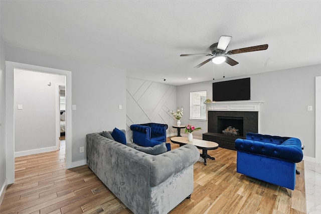 1632 Pecan Park Dr, Arlington, TX 76012 - living area with baseboards, ceiling fan, wood finished floors, and a fireplace