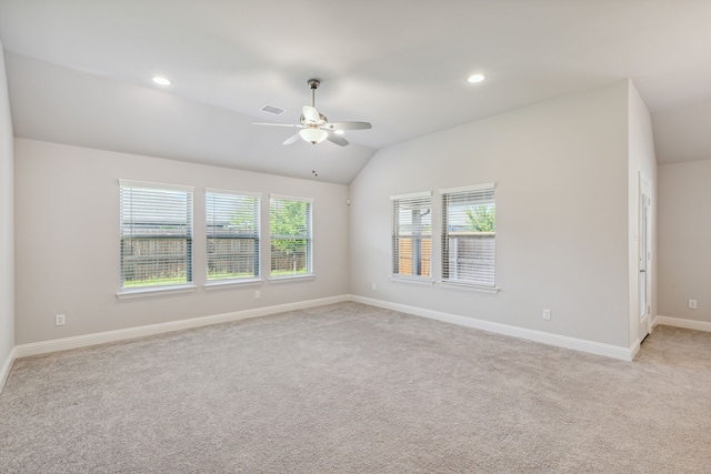 548 Bradley Dr, Fate, TX 75087 - unfurnished room featuring light colored carpet, ceiling fan, lofted ceiling, baseboards, and recessed lighting