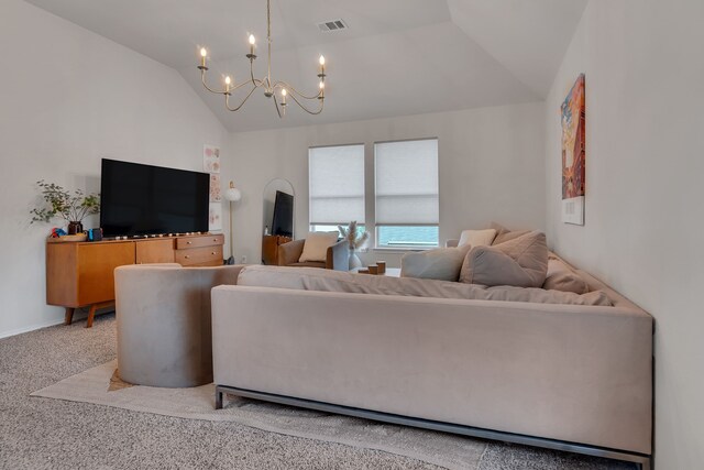 10721 Emerald Park Ln, Fort Worth, TX 76052 - carpeted living area with vaulted ceiling and a chandelier