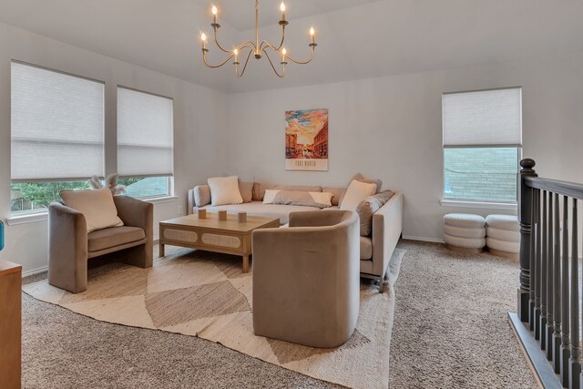 10721 Emerald Park Ln, Fort Worth, TX 76052 - living area with carpet floors, a chandelier, and baseboards