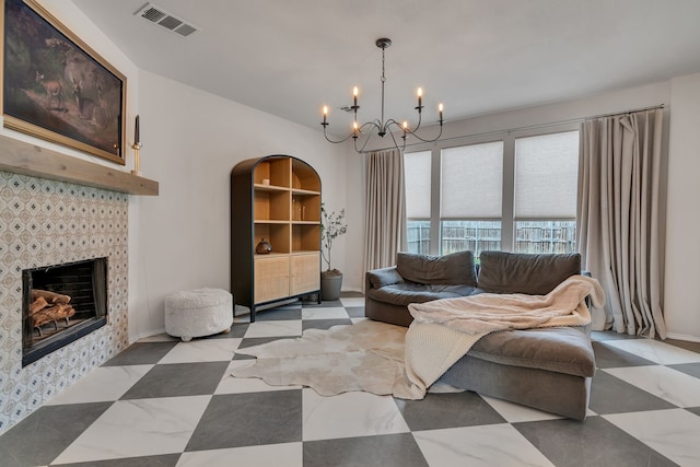 10721 Emerald Park Ln, Fort Worth, TX 76052 - living area featuring a chandelier, a fireplace, and baseboards