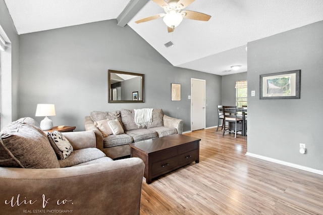 3718 Radcliff Rd, Abilene, TX 79602 - living room featuring beamed ceiling, light wood-style flooring, ceiling fan, baseboards, and high vaulted ceiling