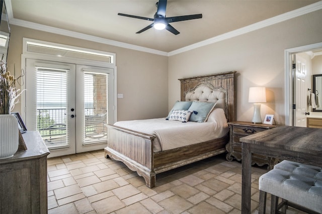 101 Eagle Pt, Graford, TX 76449 - bedroom featuring french doors, access to outside, ornamental molding, and ceiling fan