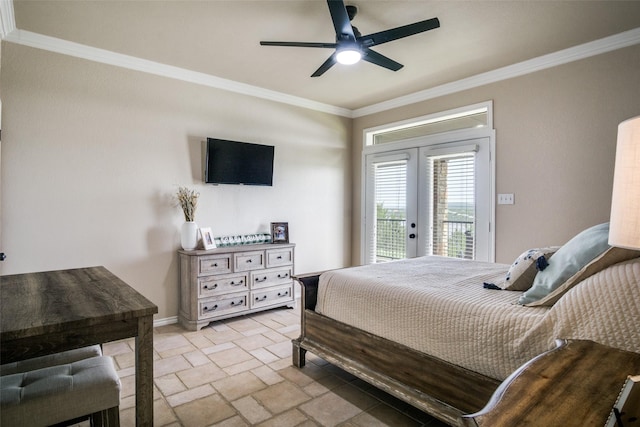101 Eagle Pt, Graford, TX 76449 - bedroom featuring access to outside, french doors, stone tile floors, ornamental molding, and baseboards