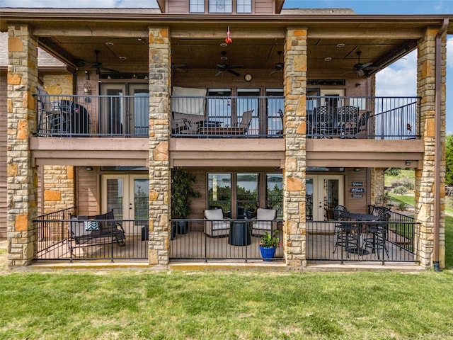 101 Eagle Pt, Graford, TX 76449 - back of house featuring a balcony, ceiling fan, french doors, and a patio