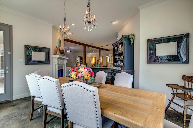 1116 Squaw Vly, Rockwall, TX 75087 - dining space with a chandelier, ornamental molding, baseboards, recessed lighting, and a fireplace