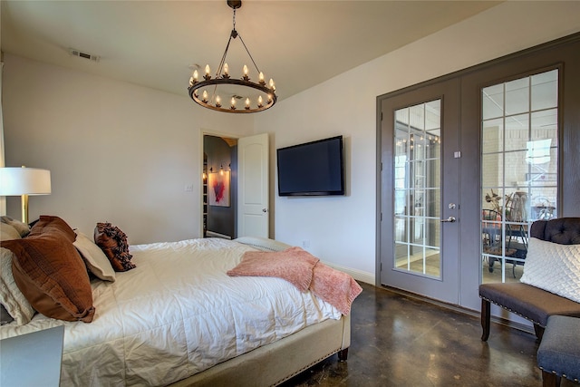 1116 Squaw Vly, Rockwall, TX 75087 - bedroom featuring finished concrete flooring, a chandelier, access to outside, and french doors