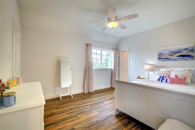 1116 Squaw Vly, Rockwall, TX 75087 - bedroom featuring dark wood-type flooring, baseboards, ceiling fan, and vaulted ceiling