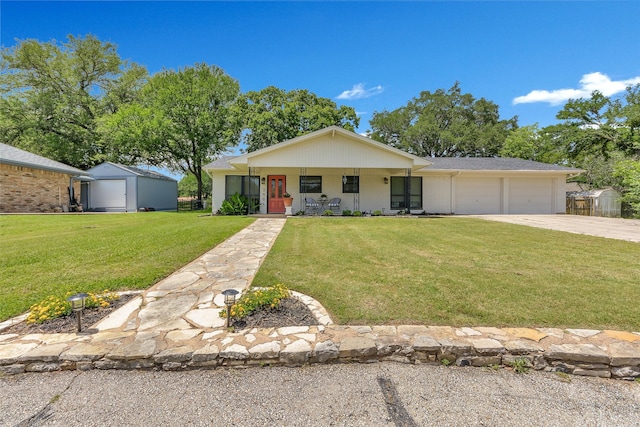 3904 Crescent Dr, De Cordova, TX 76049 - view of front of house with a garage, a front lawn, brick siding, driveway, and covered porch