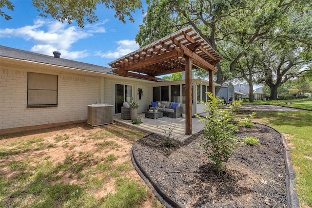 3904 Crescent Dr, De Cordova, TX 76049 - rear view of property featuring an outdoor living space, a pergola, central AC unit, a patio area, and brick siding