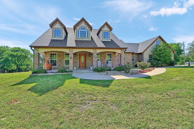 5300 Highland Dr, Denison, TX 75020 - view of front of home featuring brick siding, a front lawn, covered porch, and a shingled roof