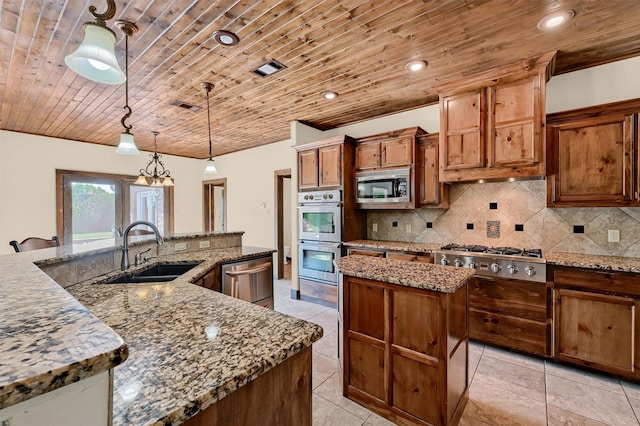 5300 Highland Dr, Denison, TX 75020 - kitchen featuring a large island with sink, a sink, stainless steel appliances, wood ceiling, and tasteful backsplash