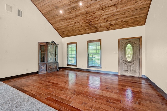 5300 Highland Dr, Denison, TX 75020 - unfurnished living room featuring wooden ceiling, wood-type flooring, high vaulted ceiling, and baseboards