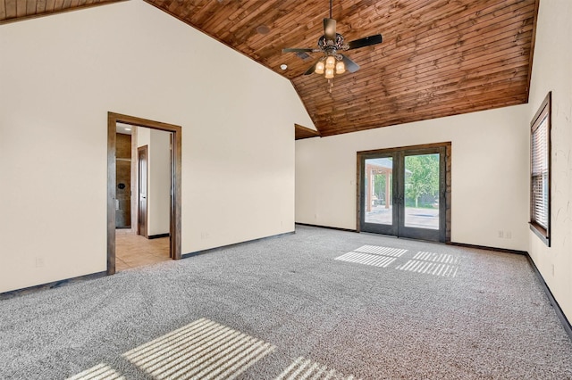 5300 Highland Dr, Denison, TX 75020 - empty room with wooden ceiling, french doors, high vaulted ceiling, carpet flooring, and a ceiling fan