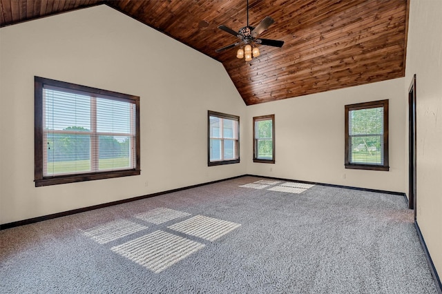 5300 Highland Dr, Denison, TX 75020 - carpeted spare room featuring wood ceiling, baseboards, a ceiling fan, and high vaulted ceiling