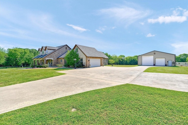 5300 Highland Dr, Denison, TX 75020 - view of front facade featuring a garage, a front lawn, an outdoor structure, and stone siding