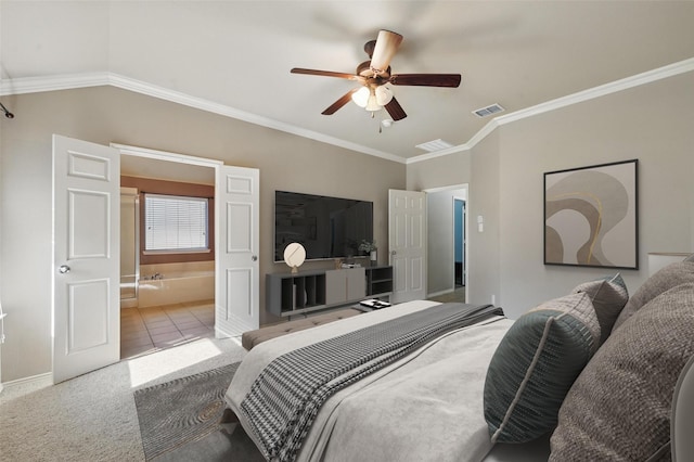 2020 Childress Dr, Forney, TX 75126 - bedroom with crown molding, baseboards, ensuite bathroom, a ceiling fan, and carpet