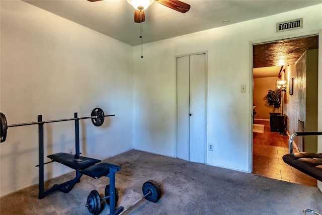 2606 Cedar Elm Ln, Garland, TX 75043 - exercise area featuring ceiling fan and carpet flooring