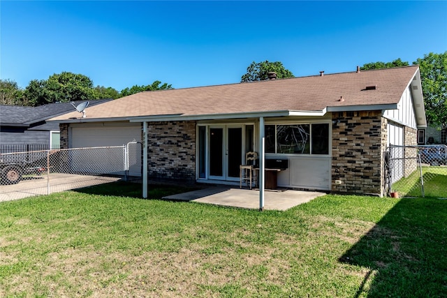 2606 Cedar Elm Ln, Garland, TX 75043 - rear view of house featuring french doors, brick siding, an attached garage, a shingled roof, and concrete driveway