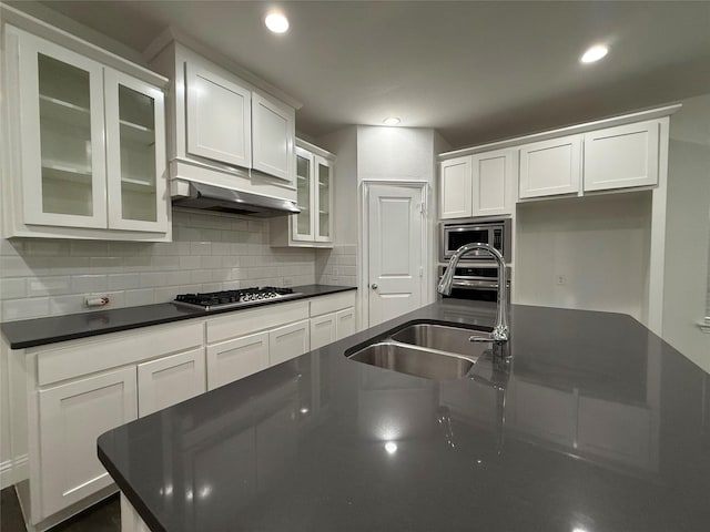 1103 Bantham Way, Forney, TX 75126 - kitchen featuring stainless steel appliances, dark countertops, under cabinet range hood, a sink, and backsplash