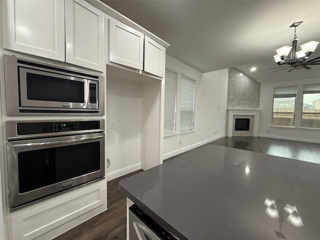 1103 Bantham Way, Forney, TX 75126 - kitchen with stainless steel appliances, a chandelier, vaulted ceiling, dark wood-style flooring, and a tile fireplace