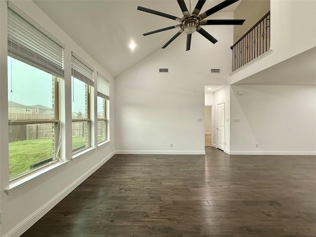 1103 Bantham Way, Forney, TX 75126 - spare room with ceiling fan, dark wood-style floors, baseboards, and high vaulted ceiling