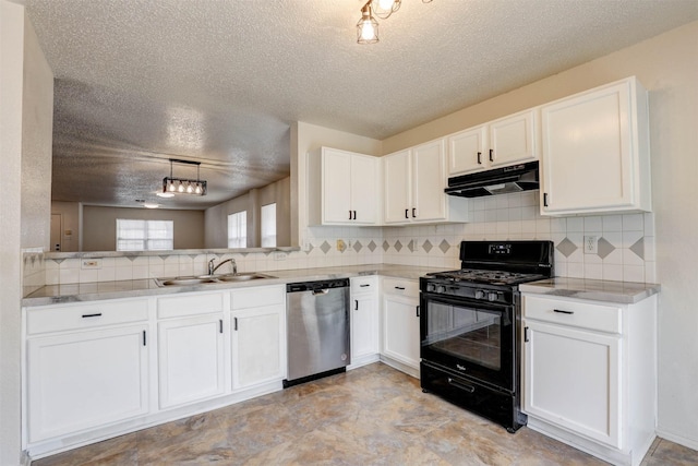 914 Gillon Dr, Arlington, TX 76001 - kitchen with dishwasher, black gas range oven, under cabinet range hood, a textured ceiling, and a sink