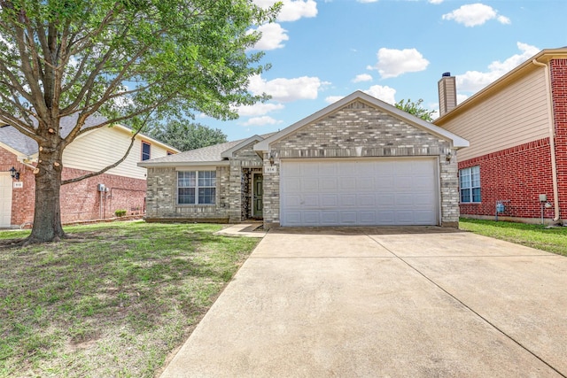 914 Gillon Dr, Arlington, TX 76001 - view of front of house featuring a front lawn, an attached garage, stone siding, and concrete driveway