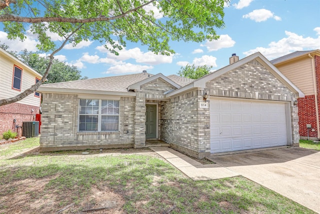 914 Gillon Dr, Arlington, TX 76001 - ranch-style home with central AC, a garage, driveway, a chimney, and roof with shingles