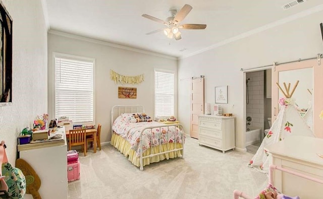 1926 N Stodghill Rd, Rockwall, TX 75087 - bedroom with a barn door, light carpet, crown molding, a ceiling fan, and baseboards