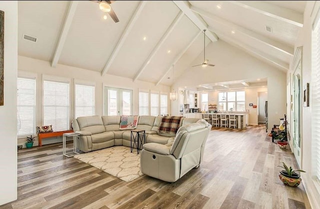 1926 N Stodghill Rd, Rockwall, TX 75087 - living area with a ceiling fan, wood finished floors, beam ceiling, high vaulted ceiling, and recessed lighting