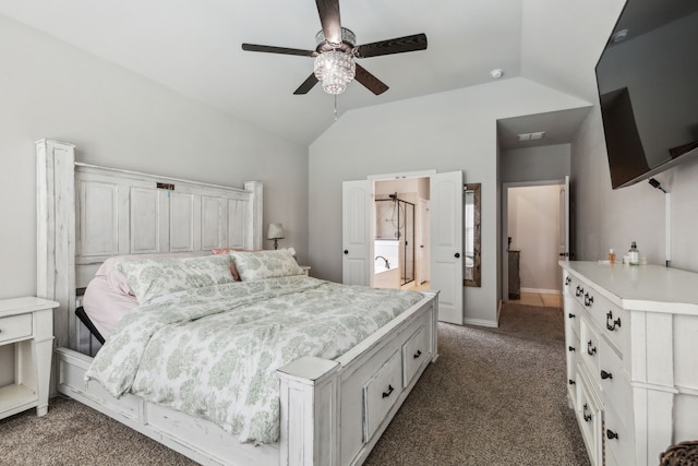7745 Northumberland Dr, Fort Worth, TX 76179 - carpeted bedroom with vaulted ceiling, a ceiling fan, and connected bathroom
