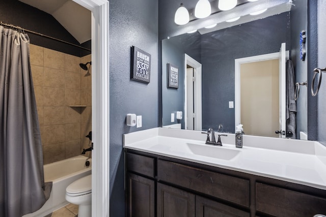 7745 Northumberland Dr, Fort Worth, TX 76179 - bathroom with vanity, tile patterned floors, toilet, shower / bath combination with curtain, and a textured wall