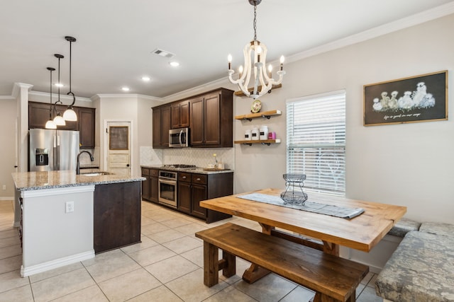 7745 Northumberland Dr, Fort Worth, TX 76179 - kitchen featuring stainless steel appliances, a sink, dark brown cabinets, decorative backsplash, and ornamental molding