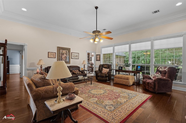 407 Tealwood Dr, Bossier City, LA 71111 - living area featuring crown molding, hardwood / wood-style flooring, a ceiling fan, and recessed lighting