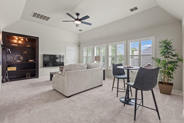 1531 Redeemer Rd, Allen, TX 75002 - carpeted living area featuring a ceiling fan, vaulted ceiling, baseboards, and built in features