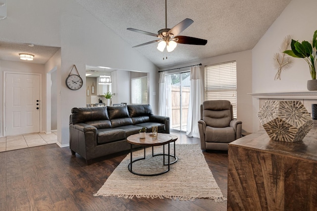 6713 Windwillow Dr, Fort Worth, TX 76137 - living room with a textured ceiling, wood finished floors, a ceiling fan, and high vaulted ceiling