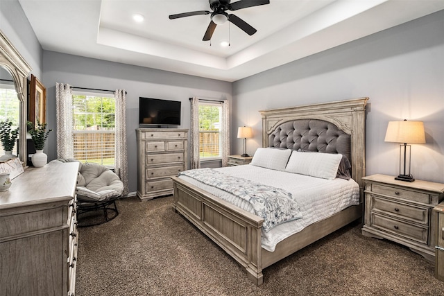 1096 Tupuna Ct, Tool, TX 75143 - bedroom with dark colored carpet, multiple windows, a raised ceiling, ceiling fan, and recessed lighting
