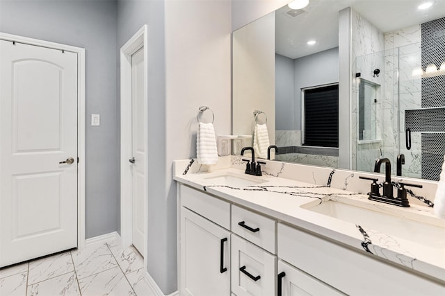 1096 Tupuna Ct, Tool, TX 75143 - full bath featuring marble finish floors, a marble finish shower, baseboards, recessed lighting, and double vanity