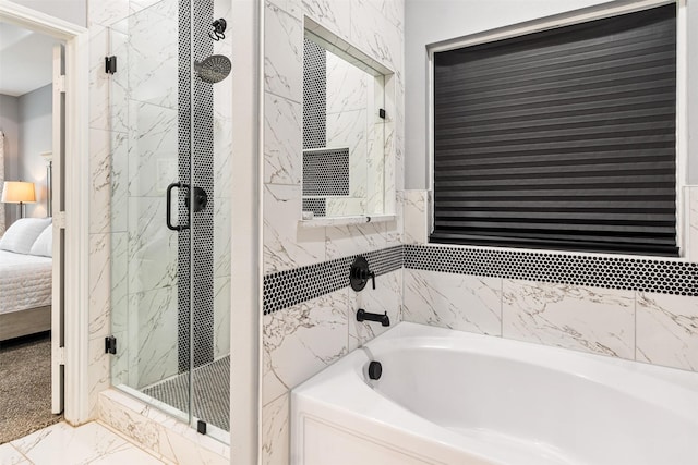 1096 Tupuna Ct, Tool, TX 75143 - bathroom featuring connected bathroom, a marble finish shower, a garden tub, and marble finish flooring