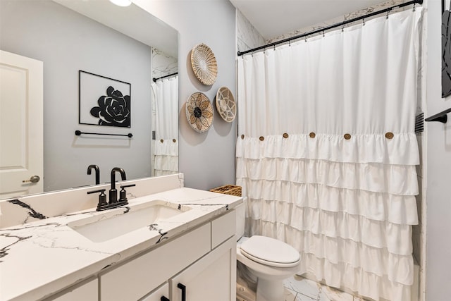 1096 Tupuna Ct, Tool, TX 75143 - bathroom with marble look tiles, toilet, vanity, and a shower with curtain