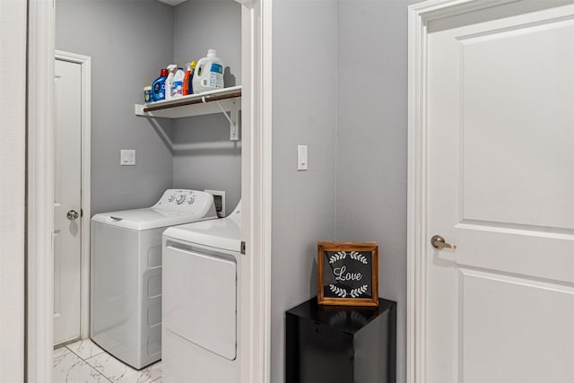 1096 Tupuna Ct, Tool, TX 75143 - washroom featuring separate washer and dryer and light marble finish flooring