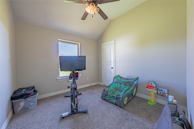 10195 Angie Ave, Eustace, TX 75124 - workout area with ceiling fan, carpet floors, lofted ceiling, and baseboards