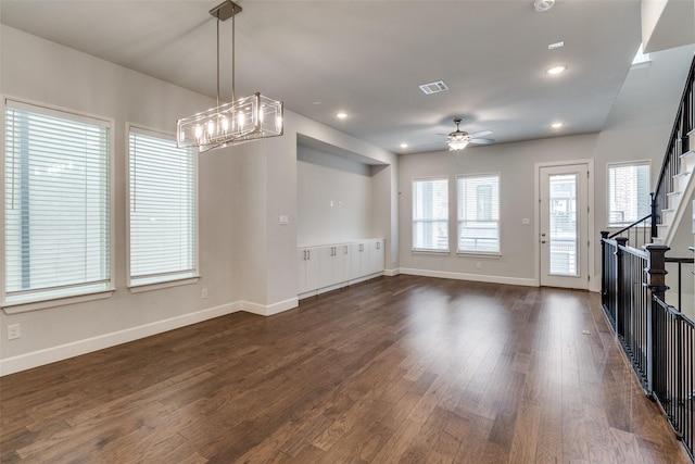 8230 Callimont Ln, Dallas, TX 75231 - kitchen featuring dark wood-style floors, baseboards, a chandelier, a ceiling fan, and recessed lighting
