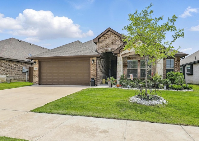 725 Sandy Chip Trl, Fort Worth, TX 76108 - french country style house with a garage, a front yard, concrete driveway, and brick siding