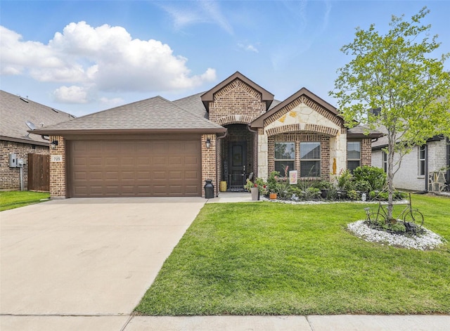 725 Sandy Chip Trl, Fort Worth, TX 76108 - french country home with brick siding, an attached garage, a front yard, and concrete driveway